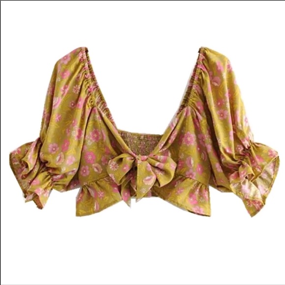 Boho Gypsy Dahlia Smocked Crop Peasant Top Floral gold mustard tie blouse - Picture 2 of 13